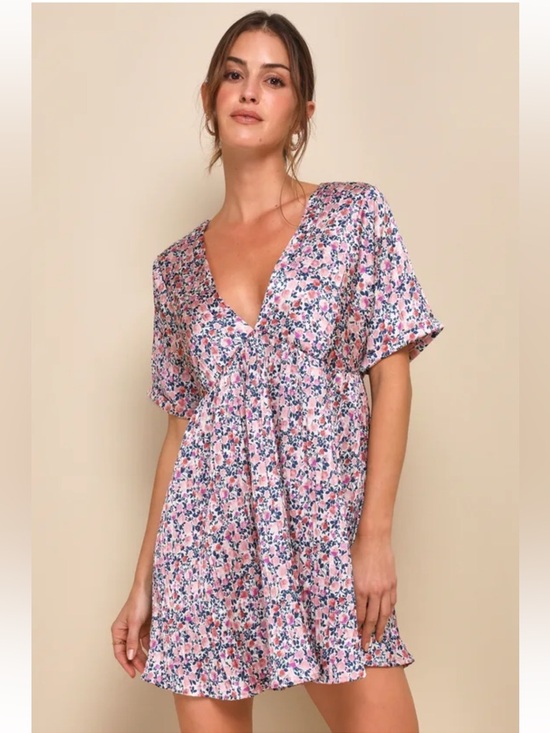 Lulus Dresses & Skirts - Lulus Express Yourself Blush Pink Floral Deep V Low Cut Satin Babydoll Dress